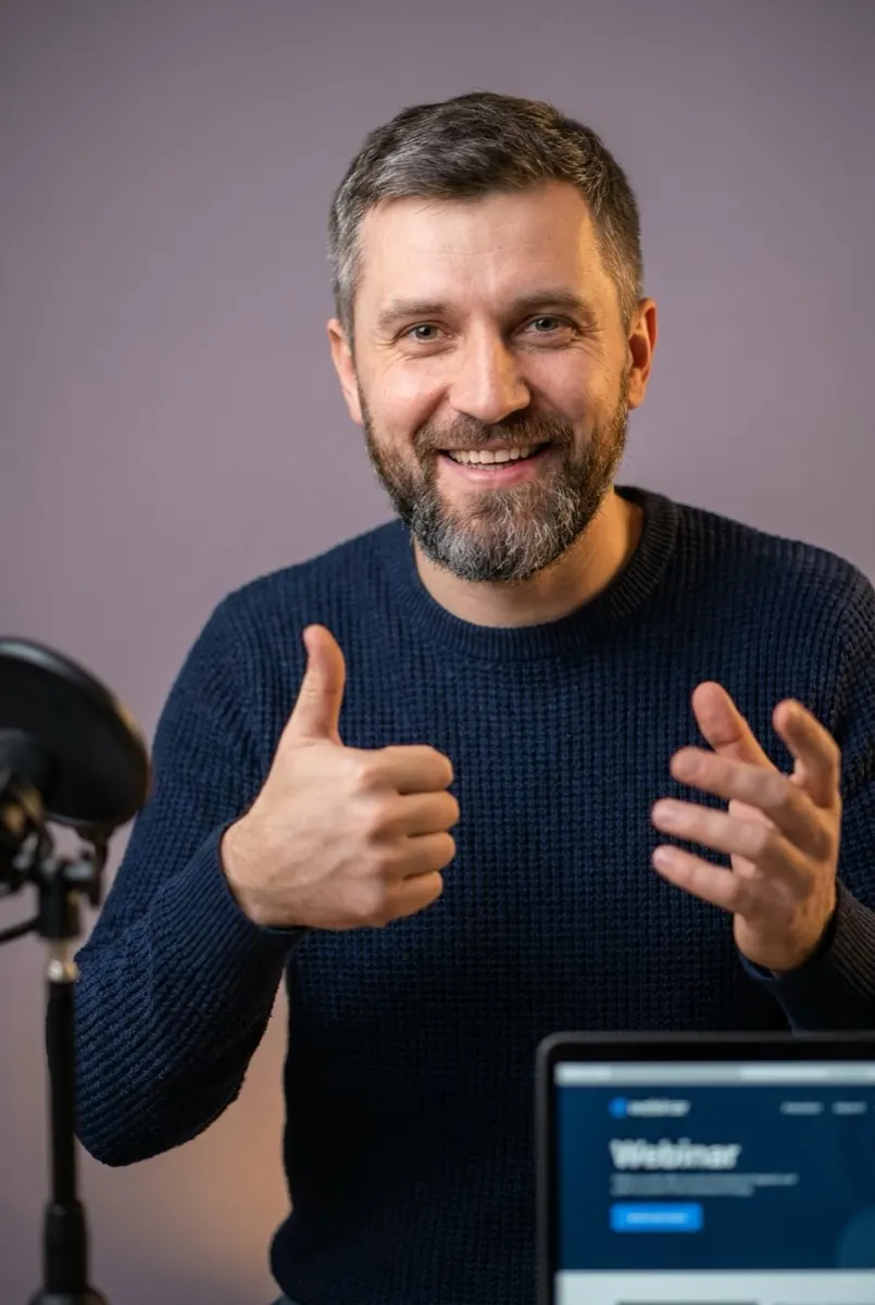 Ведучий вебінару посміхається під час прямого ефіру на платформі Webi Air